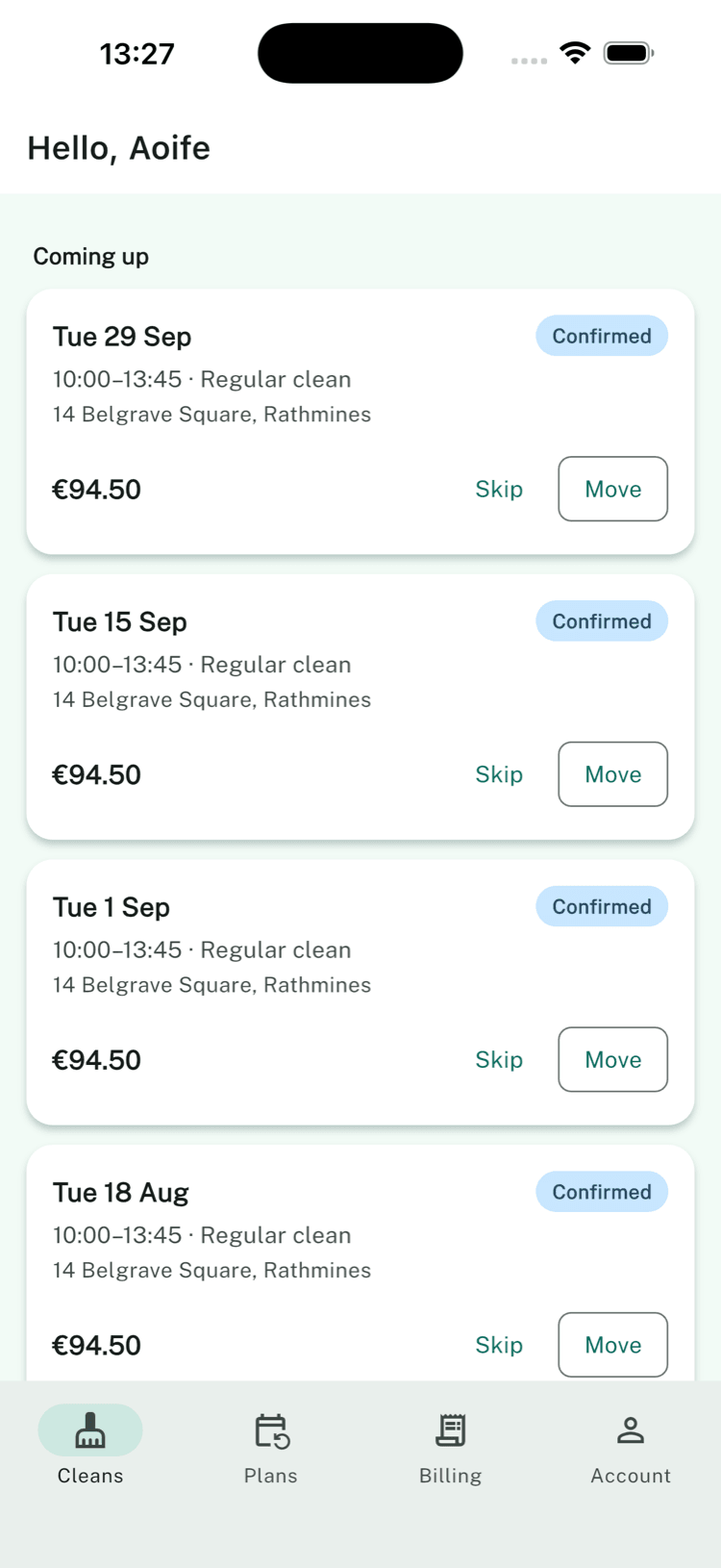The A+ Cleaning app showing upcoming cleans